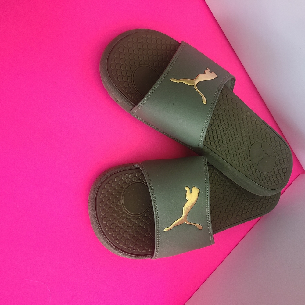 Nike Olive Slides with Gold Emblem